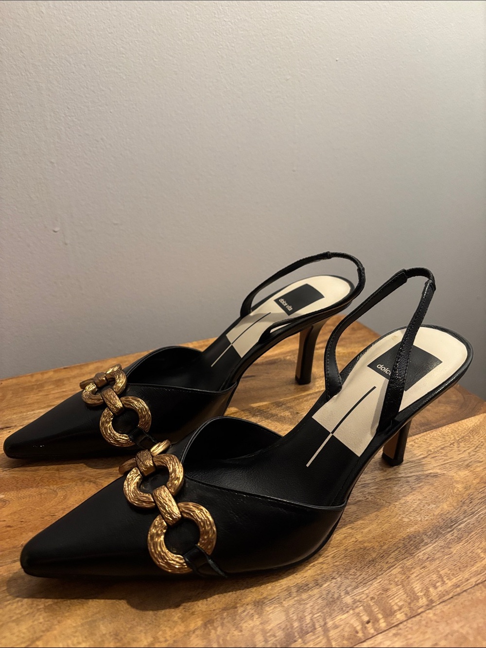 Dolce Vita Black Pointed Slingback Heels with Gold Chain Detail - Picture 6 of 7